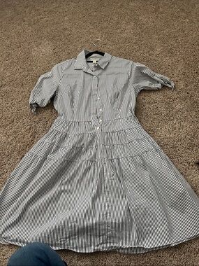 Maison Jules Navy & White Vertical-Stripe Midi Shirt Dress